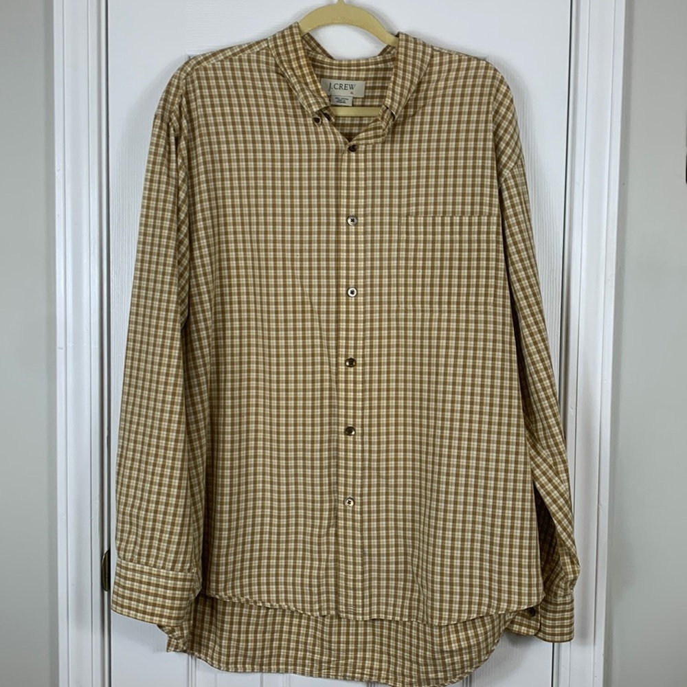 J.Crew khaki/yellow plaid button down long sleeved shirt size XL. 100% cotton